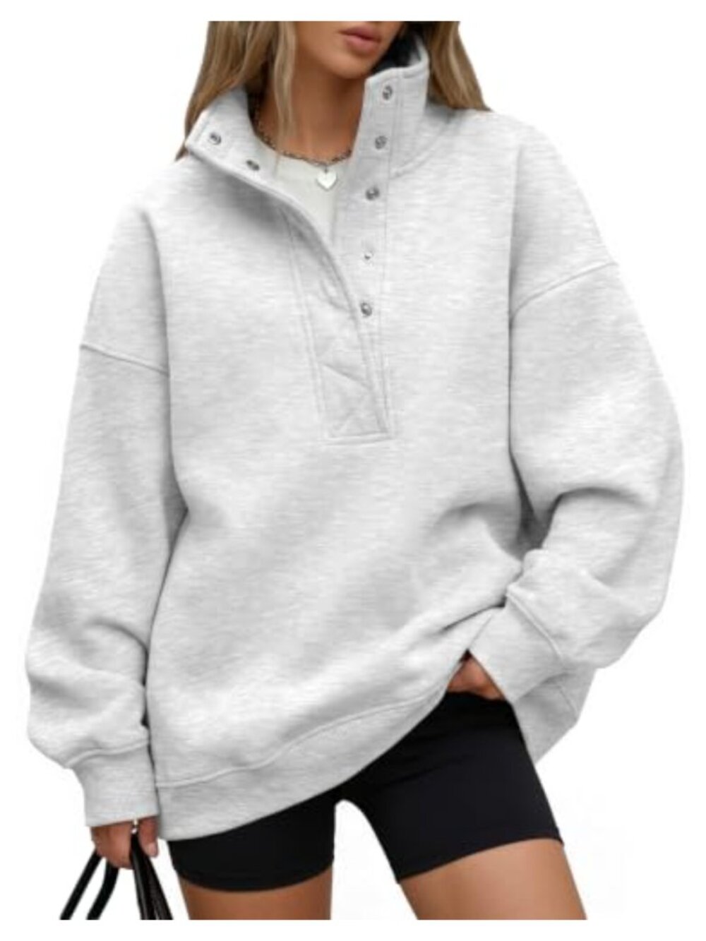 Oversized Henley Sweatshirt Snap Button Cotton Polyester Pullover